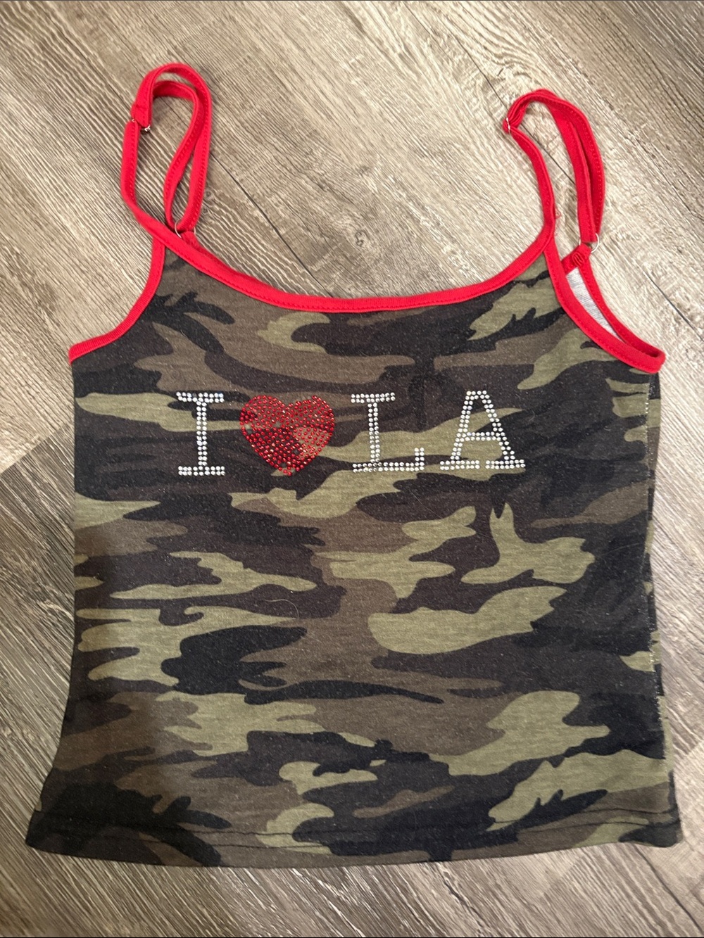 Edikted Girls' Camo Tank Top with Red Trim and Rhinestone Heart